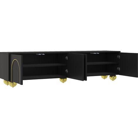 Meuble TV avec portes décorées dorées, pieds ronds dorés, étagères intégrées, 170x38x44 cm, noir et or (1/5)
