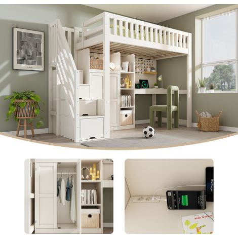Letto a soppalco bianco per bambini, 90x200 cm, con scrivania, scaletta, armadio, ripiani a giorno, porte USB/USB-C, rete a doghe, soluzione salvaspazio tutto in uno, materasso non incluso. (1/5)