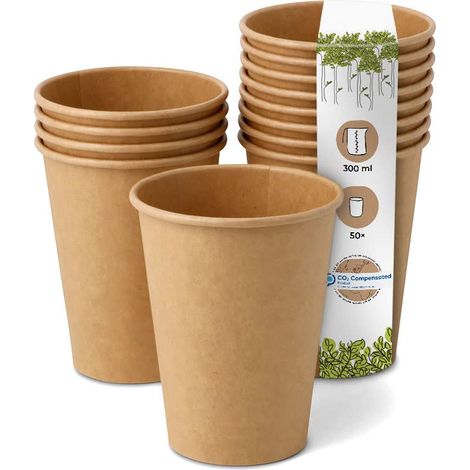 GREENBOX Tazza monouso, compostabile, biologica, monouso, per bevande, usa e getta, con rivestimento in PLA, 50 pezzi, colore marrone non sbiancato, 300 ml, 12 oz (1/5)