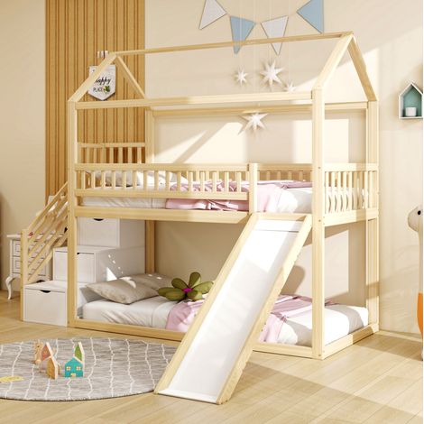 MEUBLIV Etagenbett 90x200 cm Naturholz – mit Rutsche, ohne Matratze (1/5)