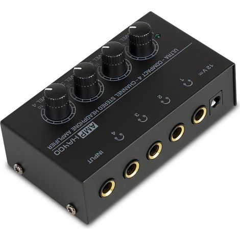 Amplificateur De Casque, 4 Canaux Mini Stéréo Ampli, Mini Splitter Audio, 1/4 "Sortie Et Entrée TRS, avec Adaptateur 12v, Contrôle du Volume Indépendant, pour Studio Scène Pc