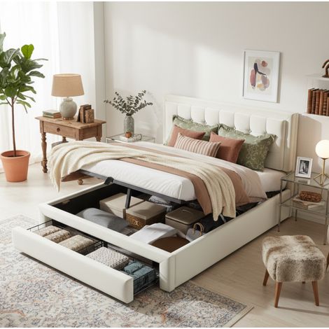 Bett mit Stauraum Samt Beige 140x190 cm, mit Lattenrost, verstellbarem Kopfteil und 2 Schubladen (1/5)