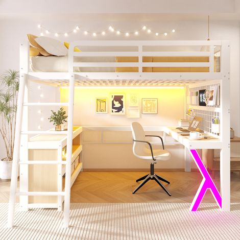 Lit mezzanine 140x200cm - bureau rangement led intégré - métalmdf - blanc (1/5)
