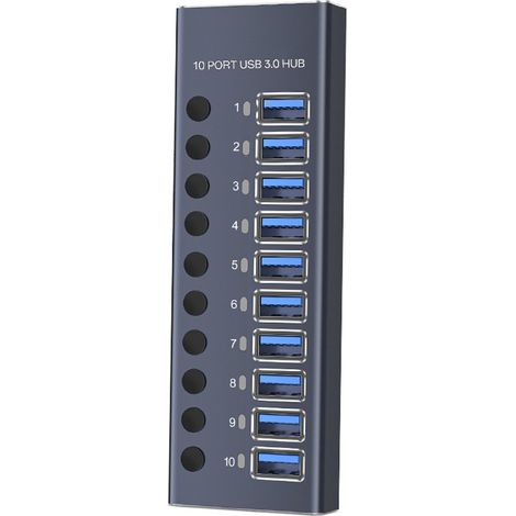Hub USB 3.0 a 10 porte da 60 W, splitter per hub dati USB, 10 interruttori indipendenti con indicatori LED, docking station USB 3.0. (1/5)
