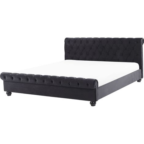 Letto ad acqua in velluto nero 180 x 200 testiera trapuntata gambe nere Avallon