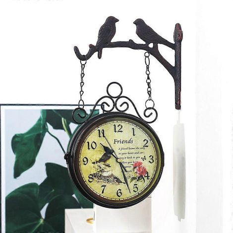 Horloge murale double face intérieure/extérieure en fer forgé, style européen (1/4)