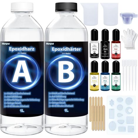 Kit de résine époxy pour débutants, 2000 ml, ratio 1:1, avec moules, 6 pigments Pour le bricolage, les bijoux, l'artisanat de tumbler, les sous-verres, les tables de rivière (1000 ml x 2) (1/5)