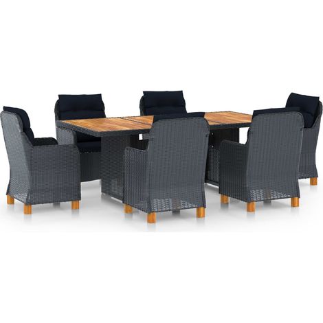 Ensemble Table + 6 chaises - Table à manger avec Chaises avec coussins Résine tressée Gris foncé BV290099 - BonneVie (1/5)