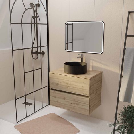 Mobile da bagno 70cm Decorazione Rovere con 2 cassetti, Lavabo nero da appoggio e specchio LED 70x50