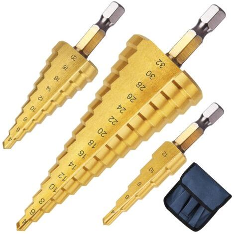 Osqi – Set de 3 forets étagés HSS titane 4-12/20/32mm – Tige hexagonale 1/4' – Pour perçage métal, bois, aluminium, plastique (1/5)