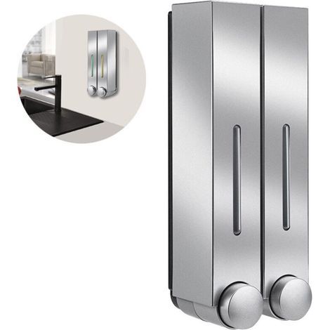 Wall-mounted shower dispenser, 2 compartments - for shampoo and conditioner - transparent, push-button operation. (1/5)