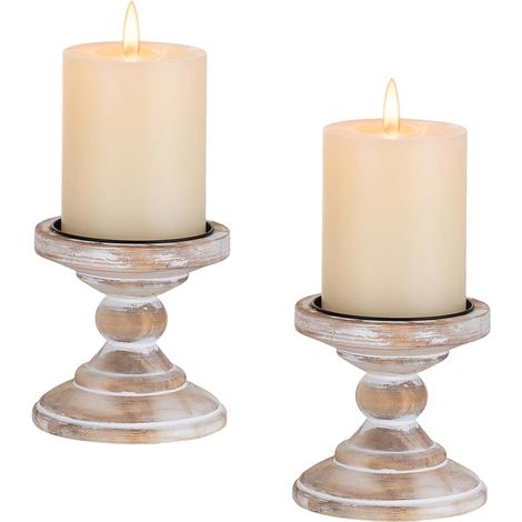 Bougeoir Bois Rustique Blanc: 2 Pcs Supports pour Bougies Piliers (1/5)