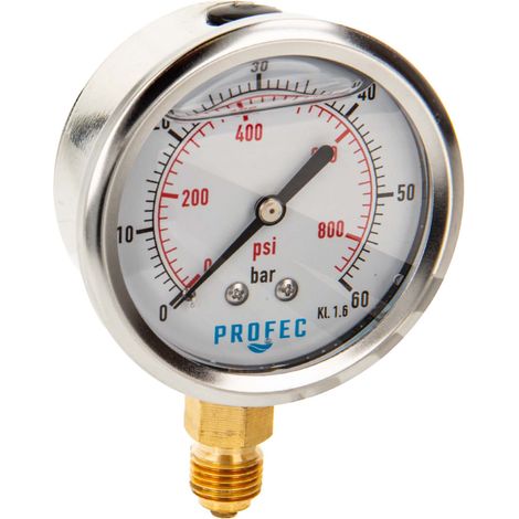 Profec Manometer 0 - 60 bar, Glyzeringefüllt, Ø 63 mm, 1/4 Zoll Anschluss nach unten Radial, Überdruck-Manometer