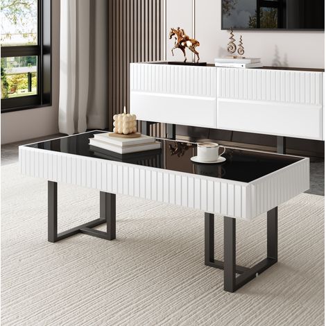 Table basse en MDF et panneaux de particules noir et blanc 110 cm avec plateau noir brillant (1/5)