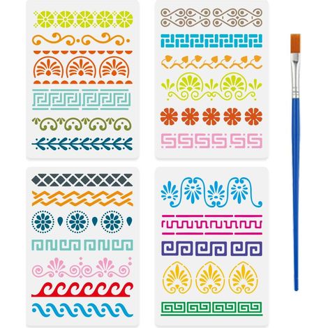 4 Pcs Pochoir Murale Dentelle Botanique avec un Pinceau 29.7x21cm Pochoir Peinture Dentelle Florale Réutilisable Pochoirs Art Mur Bordure Fleurs Vintage pour Bois Papier Tissu Meuble (1/5)