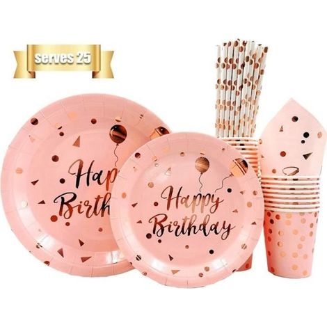 120 pièces vaisselle jetable or rose, assiettes tasses serviettes, fête anniversaire enfants