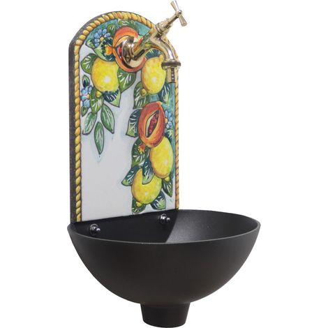 Fontaine murale Petra « A » en fonte couleur pour la maison et le jardin pierre de lave avec robinet en laiton de votre choix : poli (1/3)