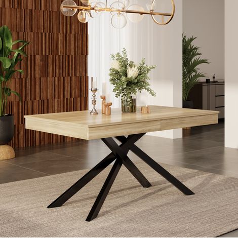 Table extensible 180x80x76 cm , pour 6–8 personnes, plateau MDF, pieds métal noir, salle à manger/cuisine, marron clair (1/5)