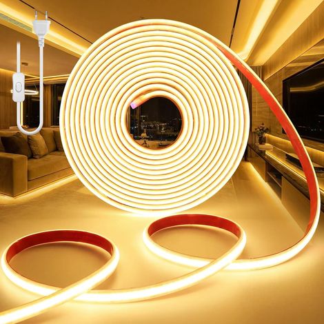 Ruban LED 220V COB 10M Blanc Chaud 3000K Bande LED Extérieur Flexible Etanche IP65 Imperméable Recoupable Bandeau Autocollant 320LEDs/M Intérieure avec Alimentation pour Cuisine Chambre (1/5)