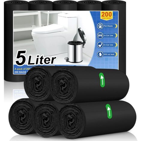Lot de 200 sacs poubelle pour salle de bain, 40 x 45 cm, noirs, sacs à ordures, anti-déchirures, anti-fuites, résistants, sans odeur pour cuisine, salon, bureau (1/5)