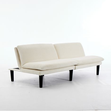 Sofá cama de 2 plazas beige con respaldo reclinable, tapizado efecto pana y patas negras (1/5)