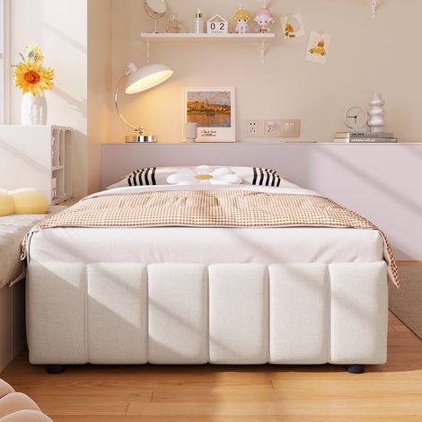 Lit rembourré 90200cm, rangement hydraulique, sans tête de lit, sans matelas, beige (1/5)