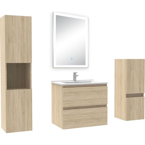 Ocean Ensemble meuble Salle de Bain 60cm avec simple vasque et colonne et miroir lumineux dimmable chêne wotan