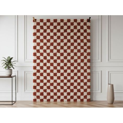 BOBOCHIC - Tapis poils longs DAMIEN motifs damier 200x290 Orange (1/5)