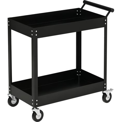 Chariot d'atelier à 2 niveaux, poignée latérale et roulettes verrouillables, 84,5 x 38 x 84 cm, noir