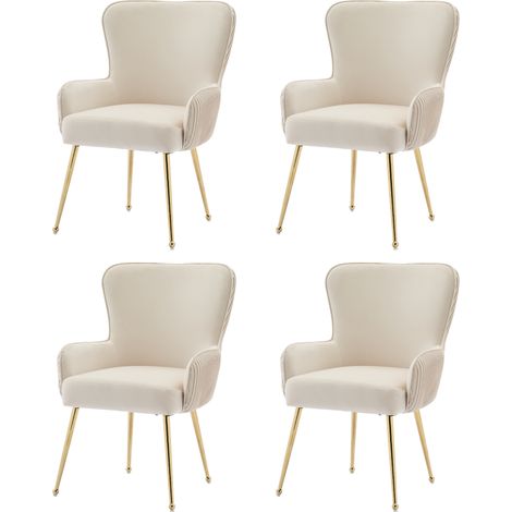 Set di 4 sedie da pranzo in velluto beige con braccioli e gambe dorate (1/5)
