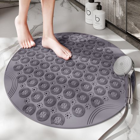 (55 cm, gris)Tapis de douche rond en PVC antidérapant avec ventouses et trous de drainage, lavable en machine pour salle de bain, baignoire, piscine (1/5)