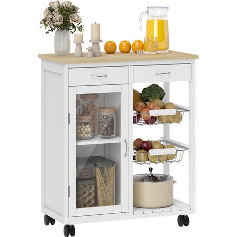 Carrello da cucina mobile, isola centrale con piano in bambù, anta in vetro, 67 x 35 x 80 cm, bianco