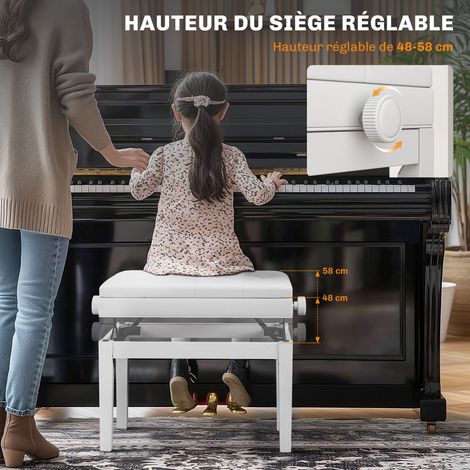 Banc piano réglable bois massif rangement 55x33x48-58 cm blanc