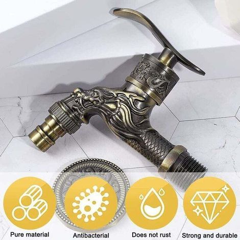 Robinet Mural RéTro en Laiton. Robinet Exterieur Jardin G1/2". Robinet en Laiton Antique. Robinet Mural Vintage. Antique Cuivre Dragon Sculpté Robinet pour Cuisine Bain Jardin (1/4)