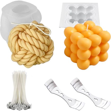 2 moules pour bougies, savons, résine, silicone, boules, cubes, 3D + mèches (1/5)