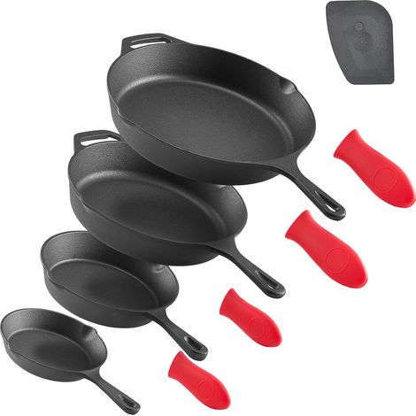 VEVOR Poele en Fonte 4PCs 15,5/20,5/26/30,5 cm, Sauteuse Pre-assaisonnee avec Poignee en Silicone Resistante a la Chaleur, Ustensiles de Cuisine Restaurant, pour Four, Gaz, Electrique, Induction