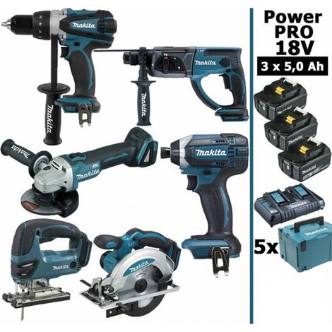Pack Makita Power PRO 6 outils 18V: DDF458 + DHR202 + DGA504 + DTD152 + DJV180 + DSS610 + 3 batt 5Ah + 5 Coffrets (1/5)