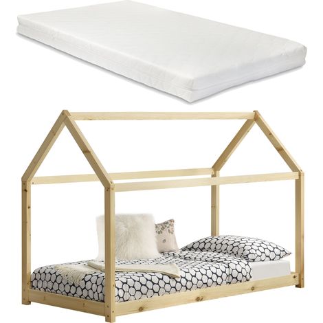 Cama infantil tipo cabaña casera con colchón y somier de madera de pino natural 90 x 200 cm 030002642