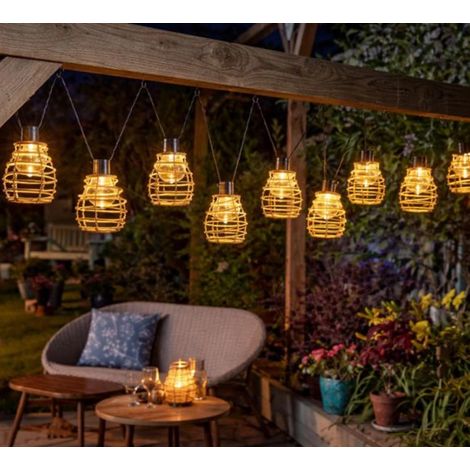 Solar Outdoor String Lights 4.7m Warm White Rattan Festoon Lights Waterproof 10 Bulb Dusk to Dawn Garden Patio