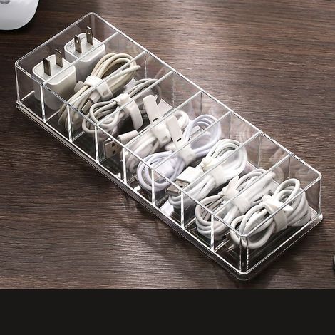 Aufbewahrungsbox für Datenkabel am Schreibtisch, transparenter Organizer für Ladekabel, Etui für elektronisches Zubehör, 8 Fächer (1/2)