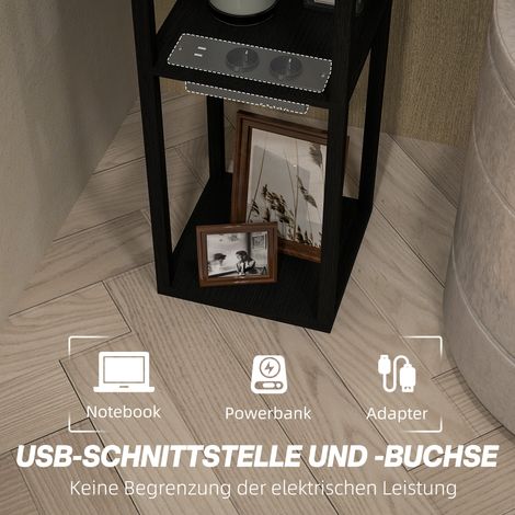 Lampadaire sur pied avec tablettes réglables 3 niveaux, interrupteur au pied, ports USB, en MDF noir (1/4)