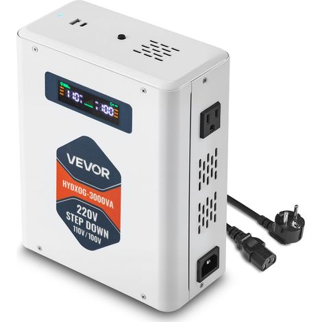VEVOR Convertitore di Tensione Step-Down da 3000 VA, Trasformatore di Potenza per Impieghi Gravosi da 220 V a 110 V con 2 Prese USA, Uscita USB, Display LCD, Protezione della Temperatura (1/5)