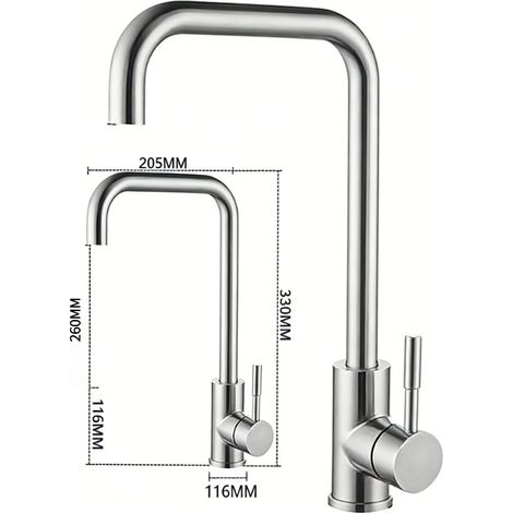 Robinet d'eau chaude et froide pour évier de cuisine avec mitigeur en T plat en acier inoxydable (bec tubulaire brossé) Complet avec tuyau d'arrivée de 60 cm (1/5)