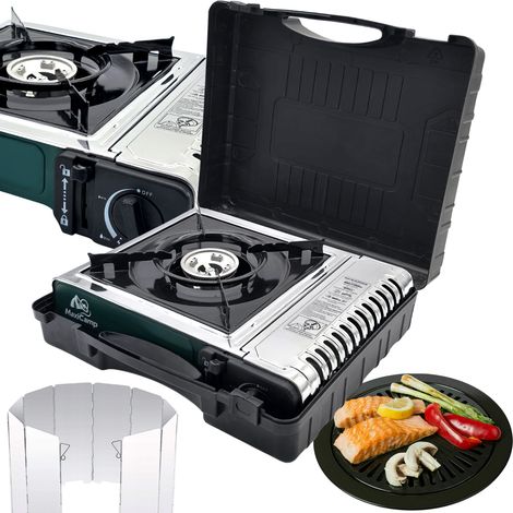 Réchaud à gaz - Acier inoxydable vert - Système de sécurité à visser - Accessoire grill - Pare-vent (1/5)