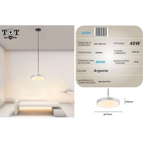 Lampadario a sospensione led 40W argento cerchio tondo design moderno minimal Naturale