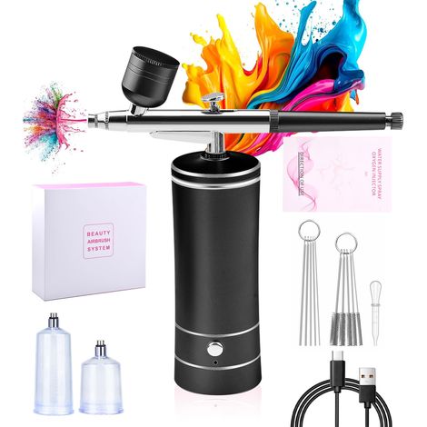 Kit aérographe sans fil avec buse de 0,3 mm et brosse de nettoyage pour graffitis, tatouages, ongles, maquillage et décoration de gâteaux (noir) (1/5)