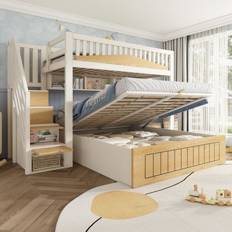 REDOM Litera 90x200/140x200 cm escalera armario USB C, madera y metal blanco y natural (Sin colchón) (1/5)