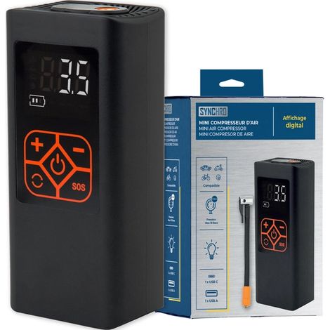 SYNCHRO - Mini compresseur air gonfleur nomade rechargeable - 939117 - Ce produit de marque SYNCHRO est neuf. (1/5)
