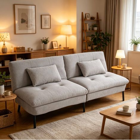 Canapé convertible 2 places 176x64x84 cm en tissu effet lin gris clair, modulable salon FloraGrace (1/5)