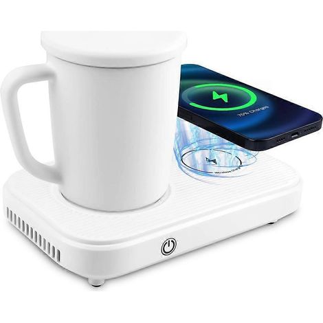 Mug chauffant intelligent 3 en 1 avec base de chargement sans fil et sous-verre thermostatique intégré, idéal pour le bureau ou la maison (prise américaine). (1/5)